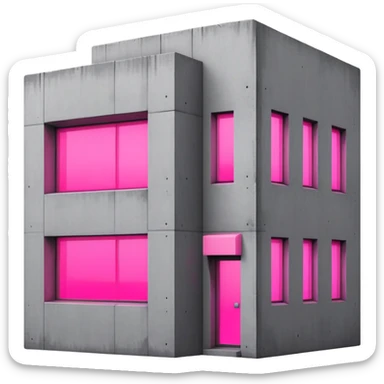 Minimalist gray concrete building with one window glowing bright pink, brutalist architecture sticker