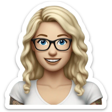 3d photo Realistic blonde Balayage pale beautiful tattooed woman with glasses and blue eyes happy and fashionable  sticker