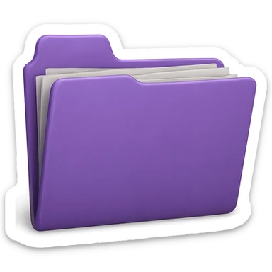 Remove the face from the purple folder and make the folder more realistic while keeping a slightly 3D look. Include papers inside the folder that are slightly messy and a little wonky. Remove the background entirely. sticker