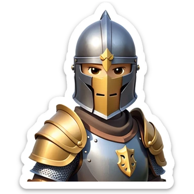 clash-of-clans-aesthetic_-cinematic-fearsome-and-majestic-knight-bust-portrait-emoji, rendered in a flat, vector-style with minimal shading and bold, simplified shapes, depicting a battle-ready medieval knight with steely eyes and intricate armor, mounted on a warhorse reflecting sunlight over a misty battlefield. sticker