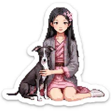 A young Chinese girl with long black hair and a pure dark grey Italian Greyhound with absolutely NO white markings anywhere on its body sitting under a cherry blossom tree. The dog must be completely solid dark grey with no white on muzzle, paws, or chest. sticker