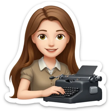 smiling white long brunette hair girl with hazel eyes laying typing on a typewriter sticker