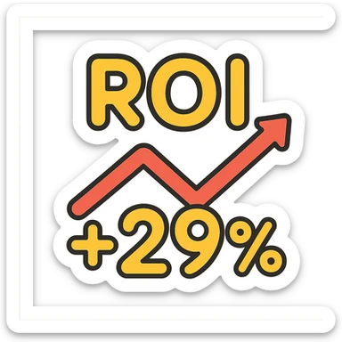 text 'ROI +29%' in rounded friendly font, lineal color icon style with black outlines sticker