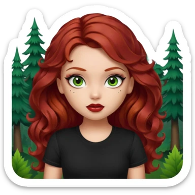 a pretty fair bratz girl with wavy dark red hair, wearing a black tee. eyeliner on, forest green eyes. Waist up sticker