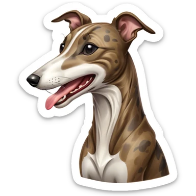 Cinematic Cute Yawning Brindle Greyhound Portrait Emoji, Head tilted slightly with a dramatic, wide-open yawn, showcasing a smooth brindle Fur with a refined pattern, floppy ears slightly drooping, round eyes barely open in drowsy contentment, Simplified yet irresistibly adorable features, highly detailed, glowing with a soft, cozy glow, high shine, relaxed yet expressive, stylized with a touch of whimsy, bright and endearing, soft glowing outline, capturing the essence of a sleepy yet affectionate racer, so drowsy it feels like it could stretch out of the screen and curl up for a nap! sticker