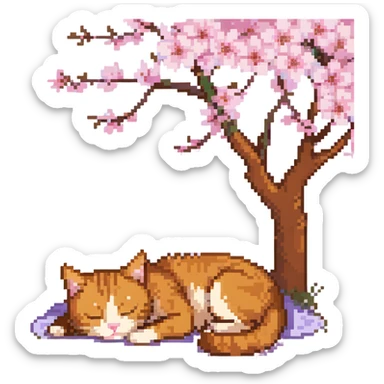 A ginger cat sleeping under the cherry blossoms sticker