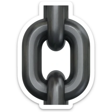 Minimalist 3D emoji based on image_e593fa.png: a single, thick chain link made of matte black steel. Engraved precisely in the center of the link is a sharp, polished chrome geometric 'M'. Isolated on white. sticker