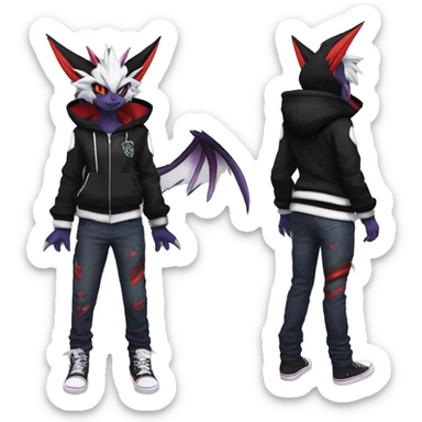 Cool Anthro Black Noivern-Absol-Litten-Pokémon with edgy stripes hoodie spiked collar punk Full Body sticker