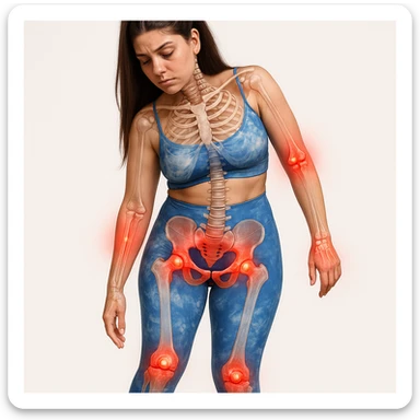 3D realistic style illustration of a woman with asymmetric postural problems and tilted pelvis, inflammation represented by glowing red effects on joints, anatomical details, white background. sticker