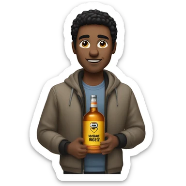 guy with black hair in a nike tech feece holding a whiskey bottle sticker