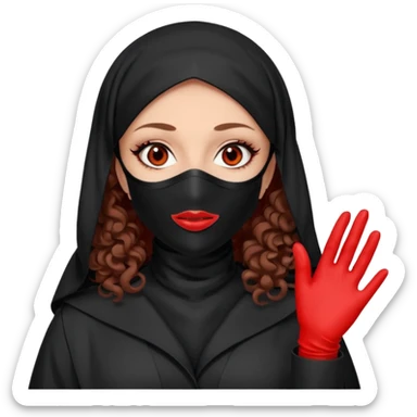 


Scary woman scalpel in hand, evil surgeon sexy surgeon clothes.  She has redcolored  eyes. Her  hair only is free ne brown long curly hair. Wears sexy doctor outfit with red gloves. make her wear full Muslim burka to mask and nose mouth mask  to hide. Wears white surgeon coat, wears  stilettos sticker