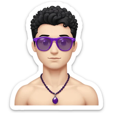 shirtless male athlete with white skin and moderately curly black hair on top with shaved sides, wearing purple sunglasses with black tinted lenses and a shiny black necklace sticker