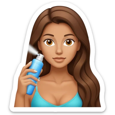 A woman with long brown hair with a spray tan sticker