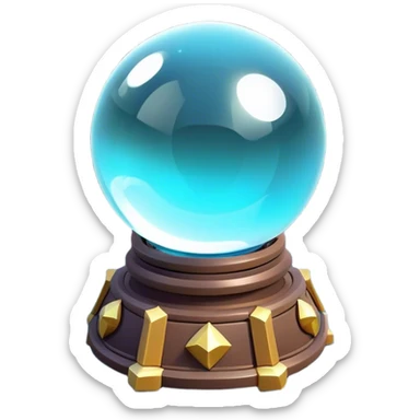 Clash of Clans aesthetic: Cinematic Playful 3D Isometric Crystal Ball Emoji, rendered in a 3D vector-style similar to standard emojis with minimal shading and bold, simplified shapes. A compact, distinct form with signature details, softly glowing with a fantasy RPG magic charm. Simplified yet unmistakably iconic, highly detailed and consistent, glowing with a soft radiance and high shine. Stylized with a touch of heroic grandeur and a soft glowing outline, capturing the essence of a beloved gaming relic with a friendly, playful manner! sticker