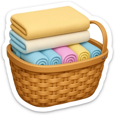 Add folded towels on top of the pastel socks and towels in the wicker basket in emoji style, no background. sticker