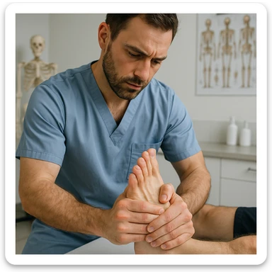 realistic image of an osteopath performing manual mobilization on a patient's foot, detailed anatomical features, clinical environment sticker