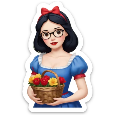 Create a charming and enchanting image of Snow White standing gracefully in the middle of a forest clearing, surrounded by the Seven Dwarfs. Snow White should be depicted with her classic features – pale skin, red lips, black hair, and a dress in blue, yellow, and red. She should be holding a small basket of vibrant, freshly-picked flowers. The Seven Dwarfs should be seen around her, each with their unique characteristics: Doc with his glasses and thoughtful expression, Grumpy with a scowl, Happy with a big smile, Sleepy looking drowsy, Bashful blushing, Sneezy mid-sneeze, and Dopey with his playful and mischievous look. The scene should be set in a lush, green forest with tall trees, colorful flowers, and beams of sunlight filtering through the canopy. The overall ambiance should be lighthearted, magical, and full of fairy tale charm. sticker