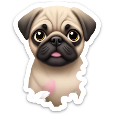 Baby pug playing in pink flowers with pink eyes  sticker
