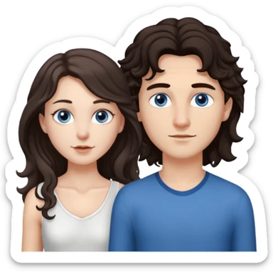 white girl, dark brown long slightly curly hair , skinni but with big breast , septum piercing on nose, beautiful dark gray-blue eyes, in white dress , boy dark brown eyes , light white skin , tall , skinny , light brown mid haircut ,  sticker