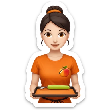 Create an iOS-emoji-style illustration of a cheerful female barista with bright fair skin and dark hair tied back. She wears an orange barista T-shirt and holds a brown serving tray. Style should be soft, rounded, and minimal like Apple emoji. sticker