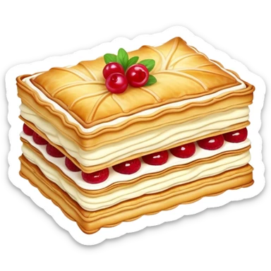 mille-feuille-cinematic-realistic-mille-feuille-dessert-emoji,-depicted-as-a-rectangular delicate-pastry-composed-of-two-crisp-layers-of-puff-pastry-with-a-rich-cream-filling,-rendered-with-intricate-textures-and-elegant,-soft-lighting. Please only show two layers only. sticker