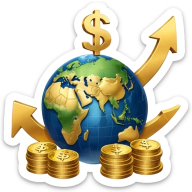 An icon featuring  a dollar sign, and a chart with upward trends, symbolizing economics. The design includes coins, bills, and earth e, representing global trade and financial systems. Transparent background highlights the study of markets, supply, and demand. sticker