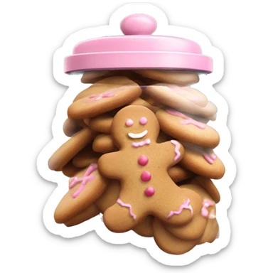 Realistic glass cookie jar with light pink lid full of gingerbread cookies isolated.  sticker