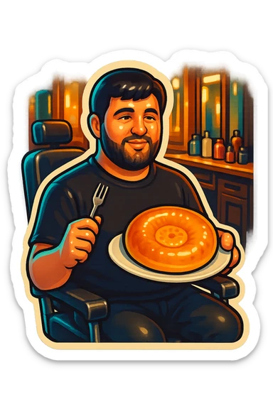 "A man wearing a black shirt is sitting calmly in a modern barbershop chair, inside a stylish barbershop with wooden and black interior. The man is holding a white plate with a traditional Uzbek round bread (non) on it, and a fork in his other hand. The atmosphere is warm and softly lit, with mirrors and hair products visible in the background. The scene feels relaxed, cozy, and humorous due to the unusual setting of eating bread in a barbershop. sticker