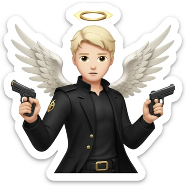 male Angel dual-wielding pistols, shooting, dynamic action pose, glowing wings, black clothes no background














 sticker