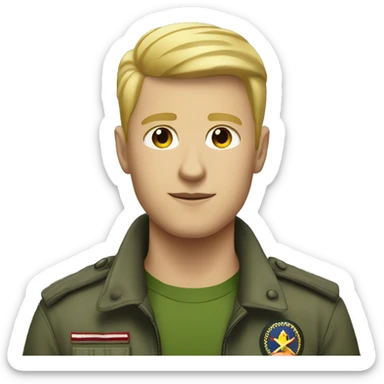 Blonde short haired man with a 5 oclock shadow wearing a green military style jacket with a dark grey shirt underneath sticker