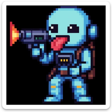 Make it pixel art style: Edit the emoji so it is putting the sci-fi blaster toward its tongue, keeping the pixel art style. sticker