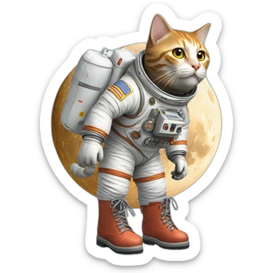 cat walking on moon with boots made of burgers sticker
