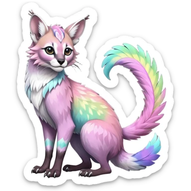 Colorful dark tropical feathery tribal pale light fruity pastel white glorious iridescent divine exotic cute cool beautiful beautiful fantasy-caracal-civet-genet-sergal-vernid-Gryphon-Cacomistle-Trico-oncilla-animal-Fakémon-hybrid-fursona (full body) sticker