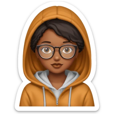 black girl with caramel skin and glasses with a silk press and a hoodie sticker