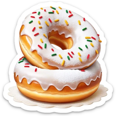 Cinematic fluffy donuts, perfectly golden and dusted with powdered sugar, vibrant icing with sprinkles, stacked in a playful arrangement, soft glowing highlights, warm and inviting. sticker