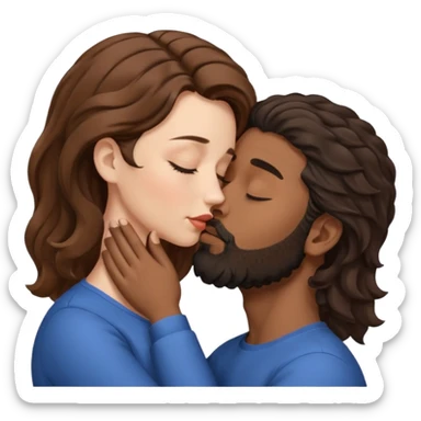 White woman (brown hair with eyes closed) kissing the top of the head (forehead) of brown man with black wavy hair (has a a beard with his eyes closed too) sticker