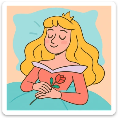 Sleeping Beauty in a modern cartoon style, pastel colors, closed eyes, peaceful smile, simple background sticker