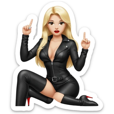 a hott good looking blonde with large breasts, red lips, and long blonde hair with leather sexy outfit and leather high heel boots and she is giving the middle finger  sticker