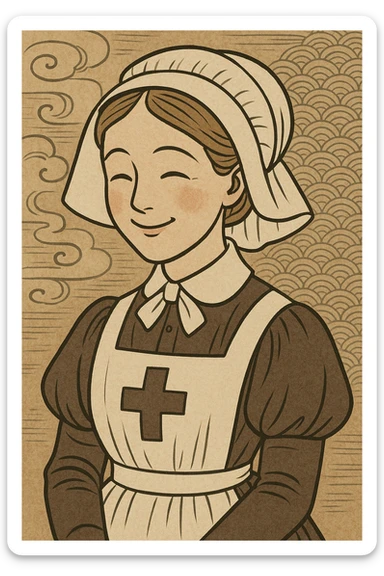 a smiling Victorian nurse with a bonnet, ukiyo-e style sticker