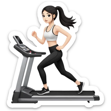 Девушка белокожая на беговой дорожке, с длинными темными волосами, в одежде для йоги - черные лосины, белый короткий топ на тонких лямках, с черными ресницами sticker