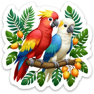 Close-up of colorful parrots Ara and Cockatoo Inca perched on tree branches, surrounded by lush greenery. Bright, vivid feathers contrast with the natural background of trees, leaves, fruits. Soft natural light, enhancing vibrant colors. Transparent background. sticker