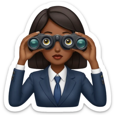 a woman with dark hair in a business attire looking into binoculars sticker