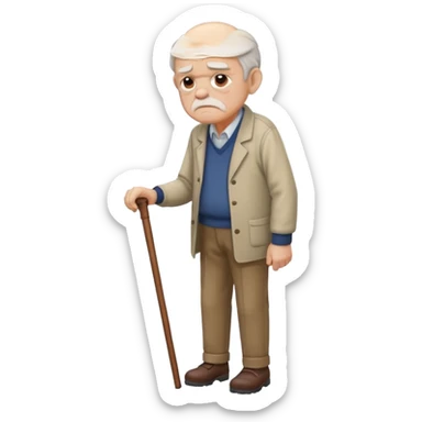 Old man leaning on a walking cane and holding his crancky back with his hand, grumpy face, detailed sticker