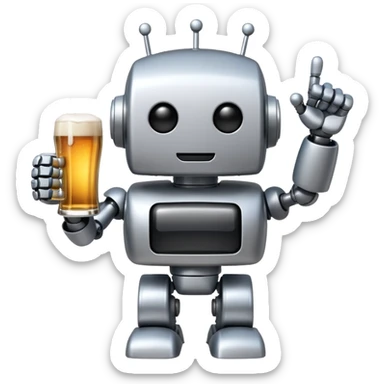 robot graphic designer cheering with a beer sticker
