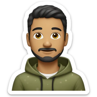 olive skin man with white black spotted cat on lap with short beard hazel eyes and black hair wearing hoodie sticker