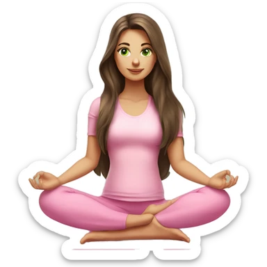 Brunette long hair and green eyes yoga beautiful girl in light pink pink pink clothes sitting on a yoga mat sticker