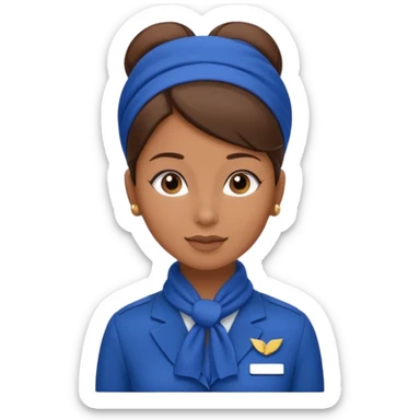 Brown tan skin flight attendant, brown hair in a bun, blue uniform, blue scarf sticker