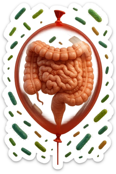 intestino umano anatomico chiuso in un palloncino rosso con batteri intestinali che fluttuano intorno, iperrealistico 4k sticker