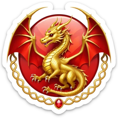 Golden Dragon with wings crest/brosch in a circle with red gems sticker