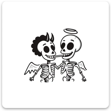 skeleton with half devil, half angel features, saying 'sh', expressive, clear pose, hand drawn doodle style sticker